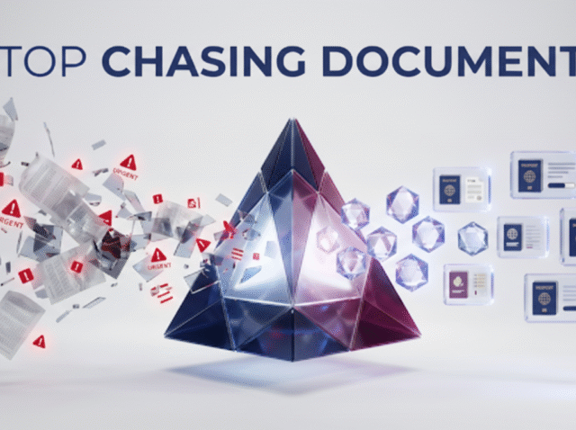 cover image for Barrana showing document chaos being transformed into structured clarity through a glowing prism for immigration consultants.