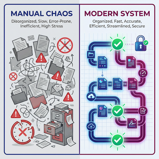 Infographic contrasting manual document chaos with a modern, automated document collection system for immigration consultants.